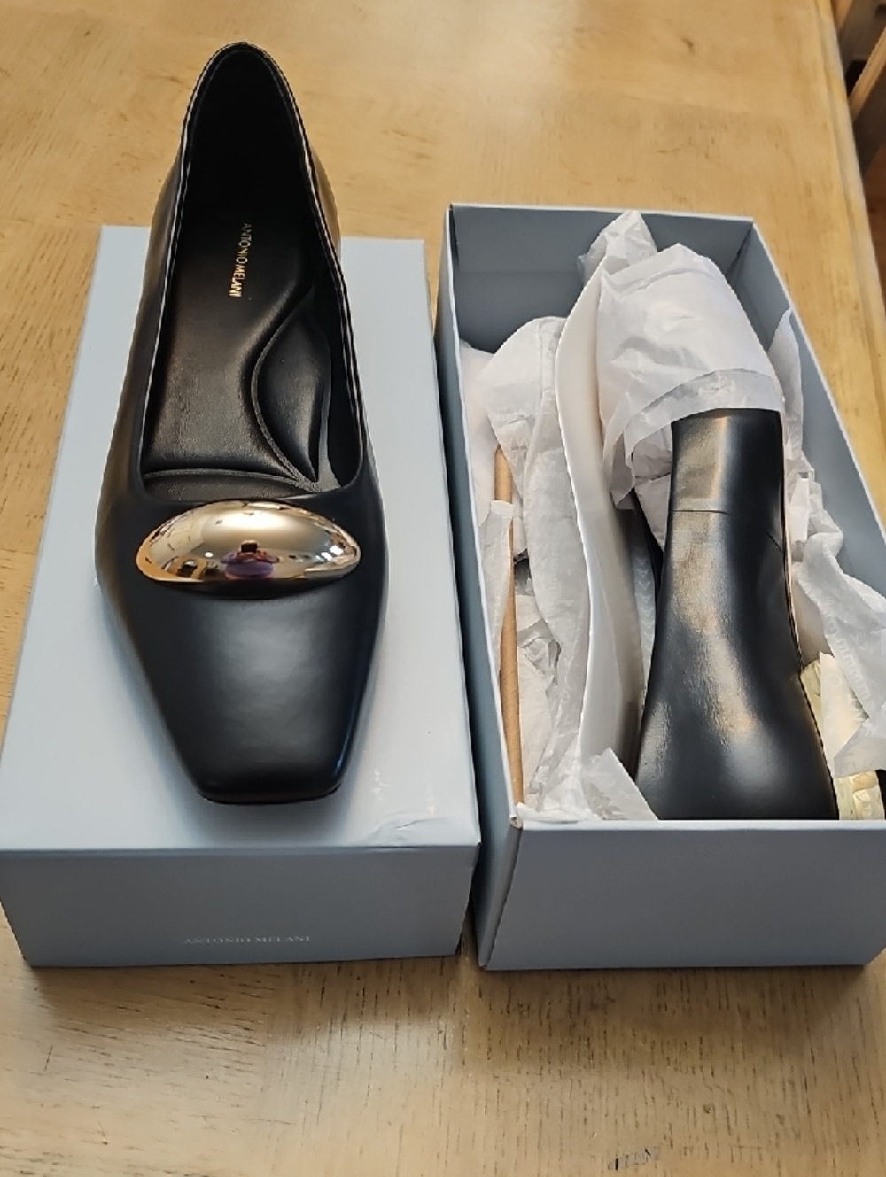 ANTONIO MELANI Black Leather Flats with Gold-Tone Accent